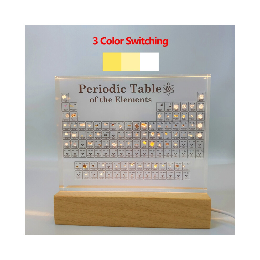 (With 3 color lights) Acrylic Periodic Table With Real Elements with Wooden Light Base Mendeleev Kids Teaching School Display Home Decor Craft