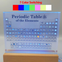 (With 7 color lights) Acrylic Periodic Table With Real Elements with Wooden Light Base Mendeleev Kids Teaching School Display Home Decor Craft