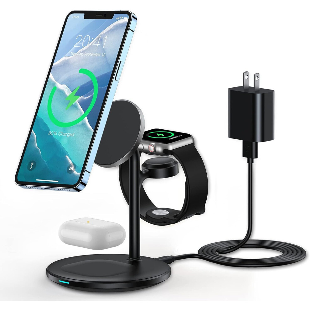 Chronus 3-In-1Wireless Charging Station For Apple Devices,15W Fast Mag-Safe Charger Stand With 20W Adapter For Iphone 15 14 13 Promax, Iwatch 6976919926974