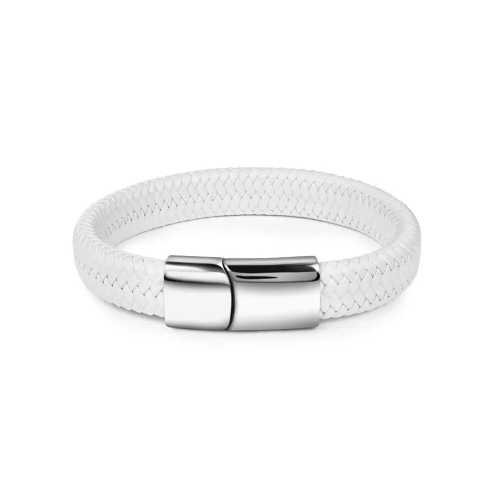 (20.5cm, 28S White) Mens Leather Braid Bracelet Stainless Steel Buckle Clasps