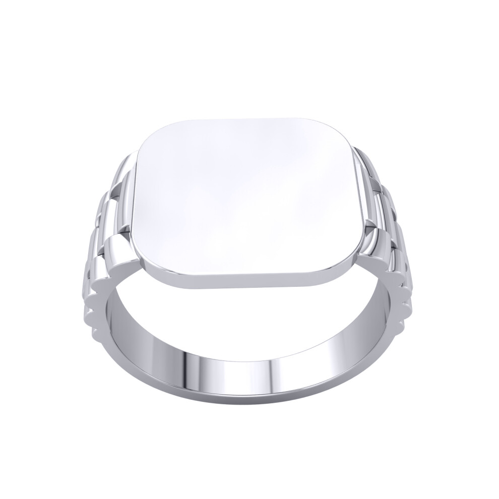 (S) Jewelco London Mens Platinum Plated Sterling Silver Presidential Link Watch Strap Square Cushion Signet Ring - GVR946