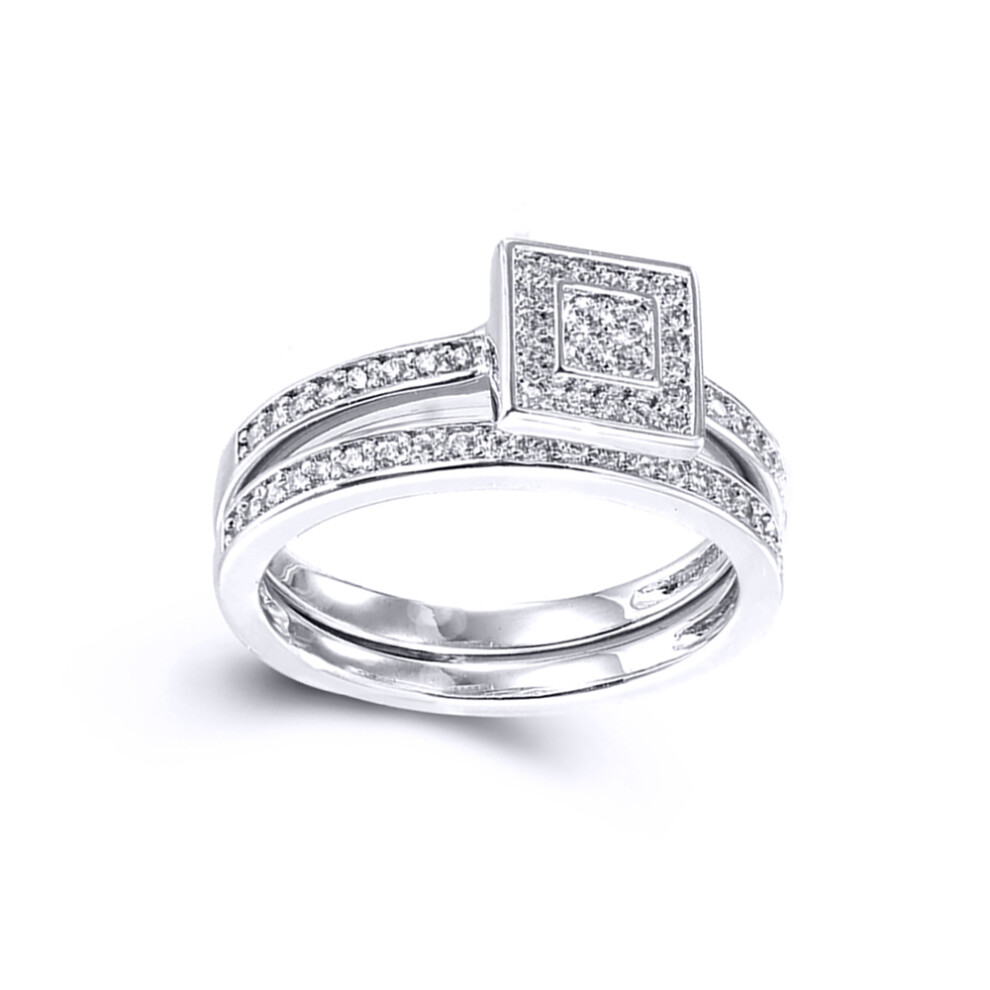 (L) Jewelco London Ladies Rhodium Plated Sterling Silver Cubic Zirconia Shoulder-set Square Solitaire-style Bridal Set Rings - ARN152