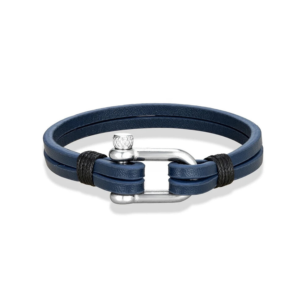 (19cm, Blue black) Mens Leather Bracelet Nautical Double Strand Bracelets