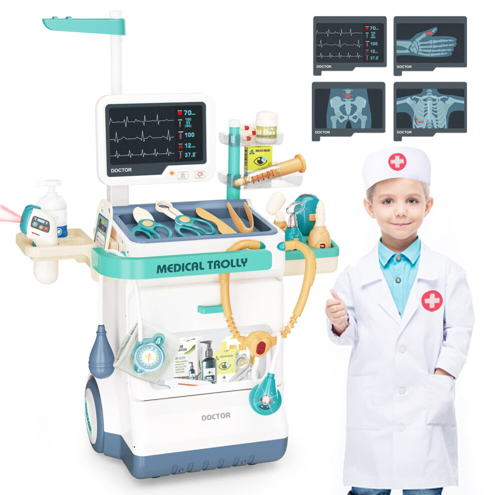 Doctor Kit for Kids 27 Accessories Pretend Medical Station Set for Boys & Girls Mobile Cart with Stethoscope and Medical Toy Accessories for Ages 3