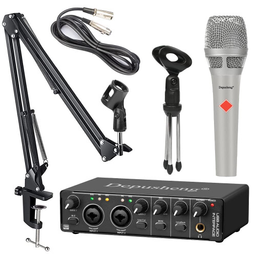 USB Audio interfaces Recording kit with audio interface, 48V handheld microphone and microphone suspension mount Support for PC recording, streaming