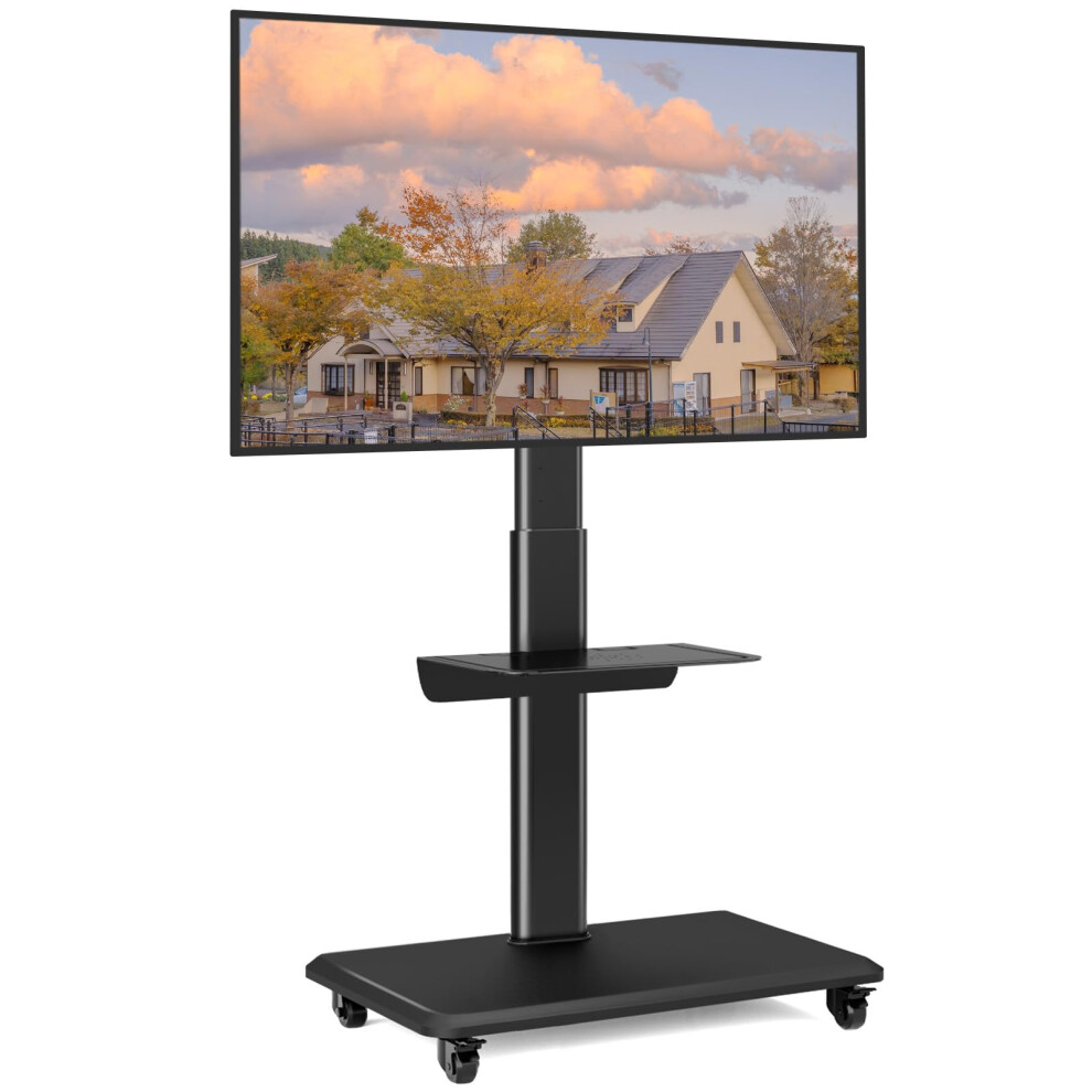 Mobile TV Stand on Wheels for Most Flat Curved 32-65 inch TVs, Swivel Rolling TV Stand with Wooden Base, Height Adjustable with 1 Shelf Max VESA