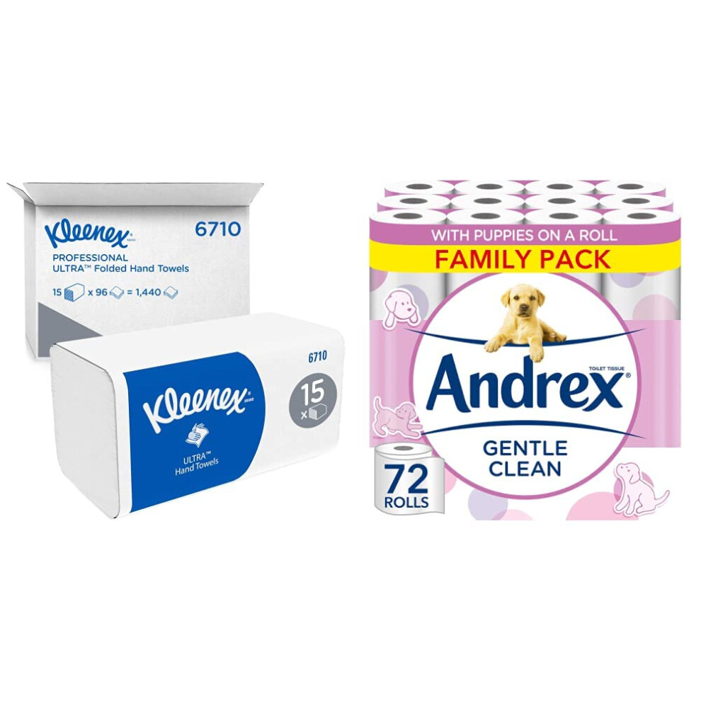 Ultra Interfold Hand Towels 6710-3 Ply V Fold Paper Towels - 15 Packs x 96 Paper Hand Towels (1,440 Total) & Andrex Gentle Clean Toilet Rolls - 72