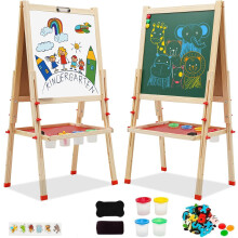 Kids Easel Wooden Art Easel Double Sided Easel with Whiteboard Chalkboard Height Adjustable Standing Toddler Easel with Painting Accessories Education