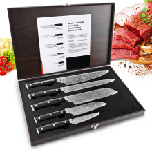 Knife Set, 5 Pieces Professional Kitchen Set with Wooden Box, Stainless Steel Finish, Includes Chef Knife, Slicing 2 Sankotu Knives and Paring
