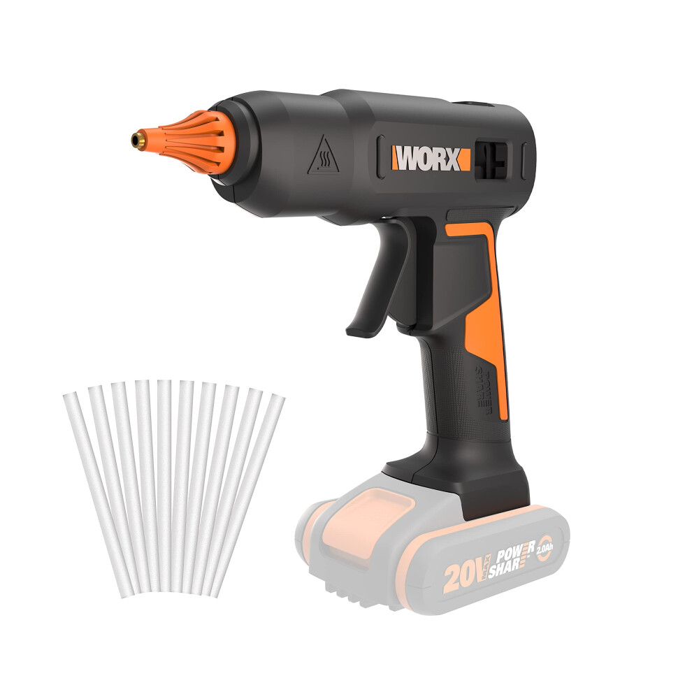 18V(20V MAX) Cordless Full Size Hot Glue Gun WX045.9, 60W, MAX 200, Anti-Drip, Ideal for DIY Crafts, Furniture Assembly, Home Repair, 10 * 11mm