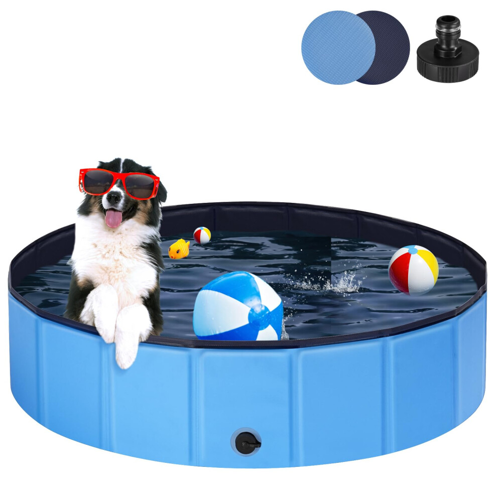 Dog Paddling Pool, 160cm Durable PVC Dog Pool with Hard Sides, Sturdy Foldable Large Paddling Pool for Dogs with Hose Connector, Non-slip Dog Swimming