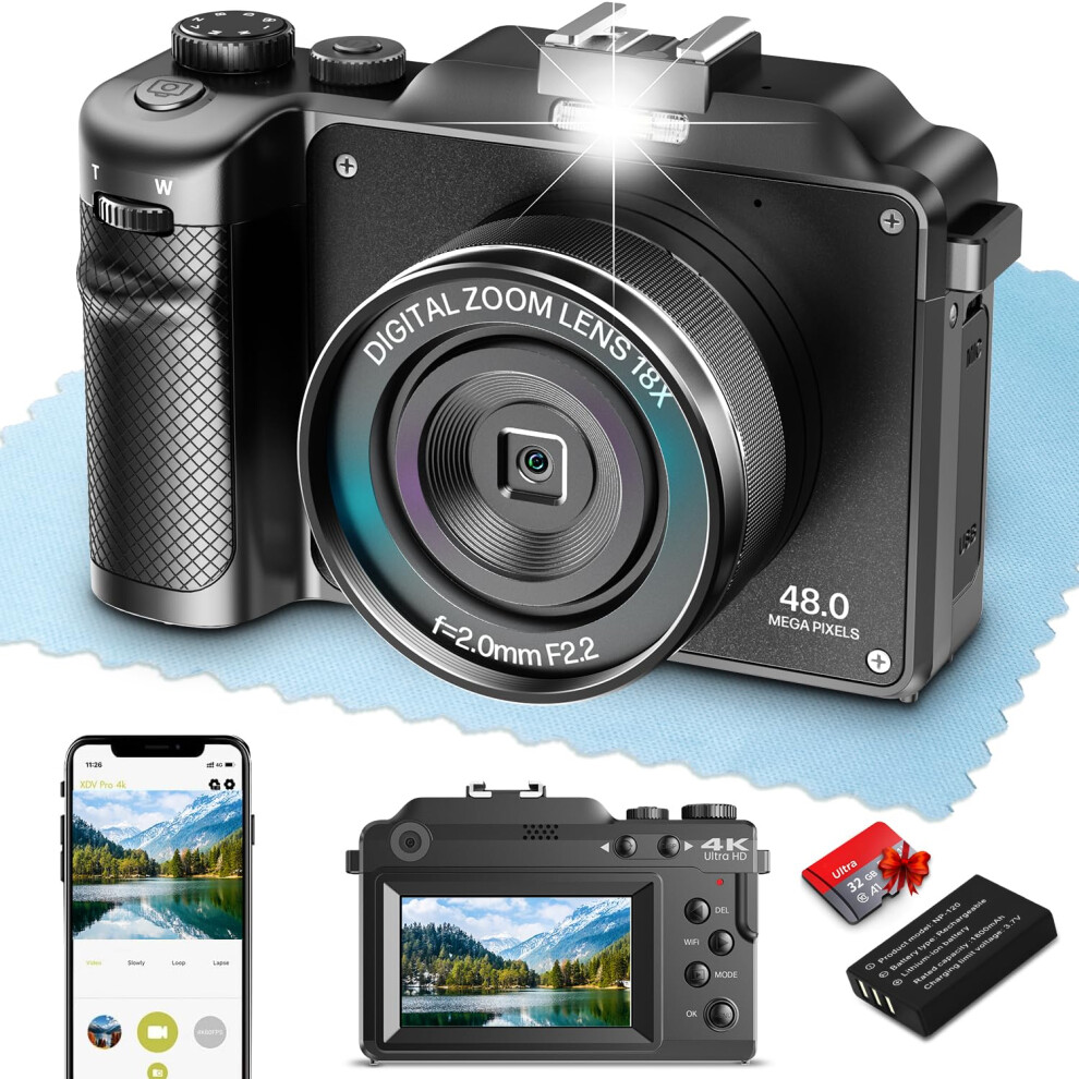 Digital Camera,4K 48MP Autofocus Video Camera with Wide Angle & Macro Lens 18X Zoom Dual-lens Selfie Function,Powerful Travel Camera for Photography