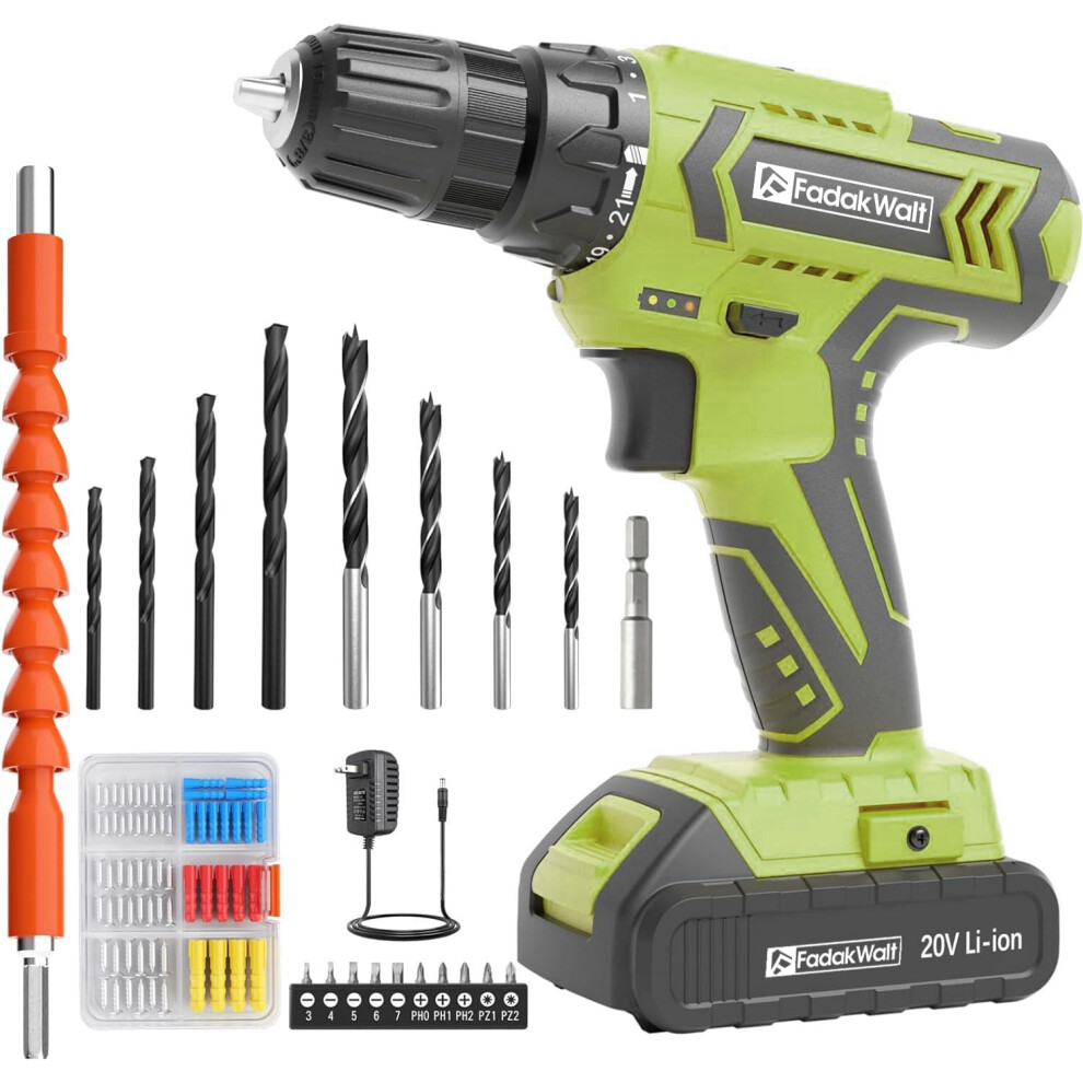 Power Cordless Drill Driver, 20V Cordless Drill and Screwdriver Set, Green Electric Combi Drill Kit 21+1 Torque, DIY Accessory Set, 2 Variable Speeds,