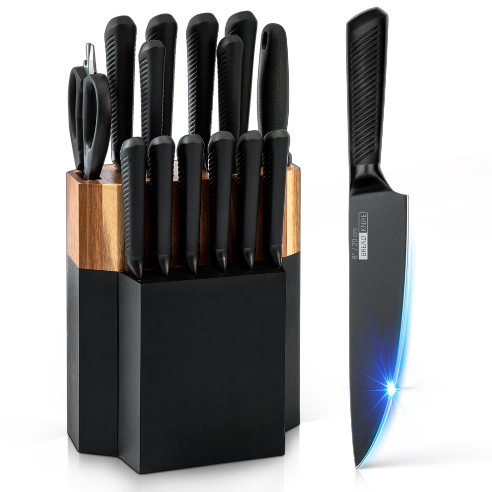 Knife Set, 15-Piece Professional Kitchen Knives Sets with Wooden Block, German High Carbon Stainless Steel Knife Block Set with Steak Knives, Black