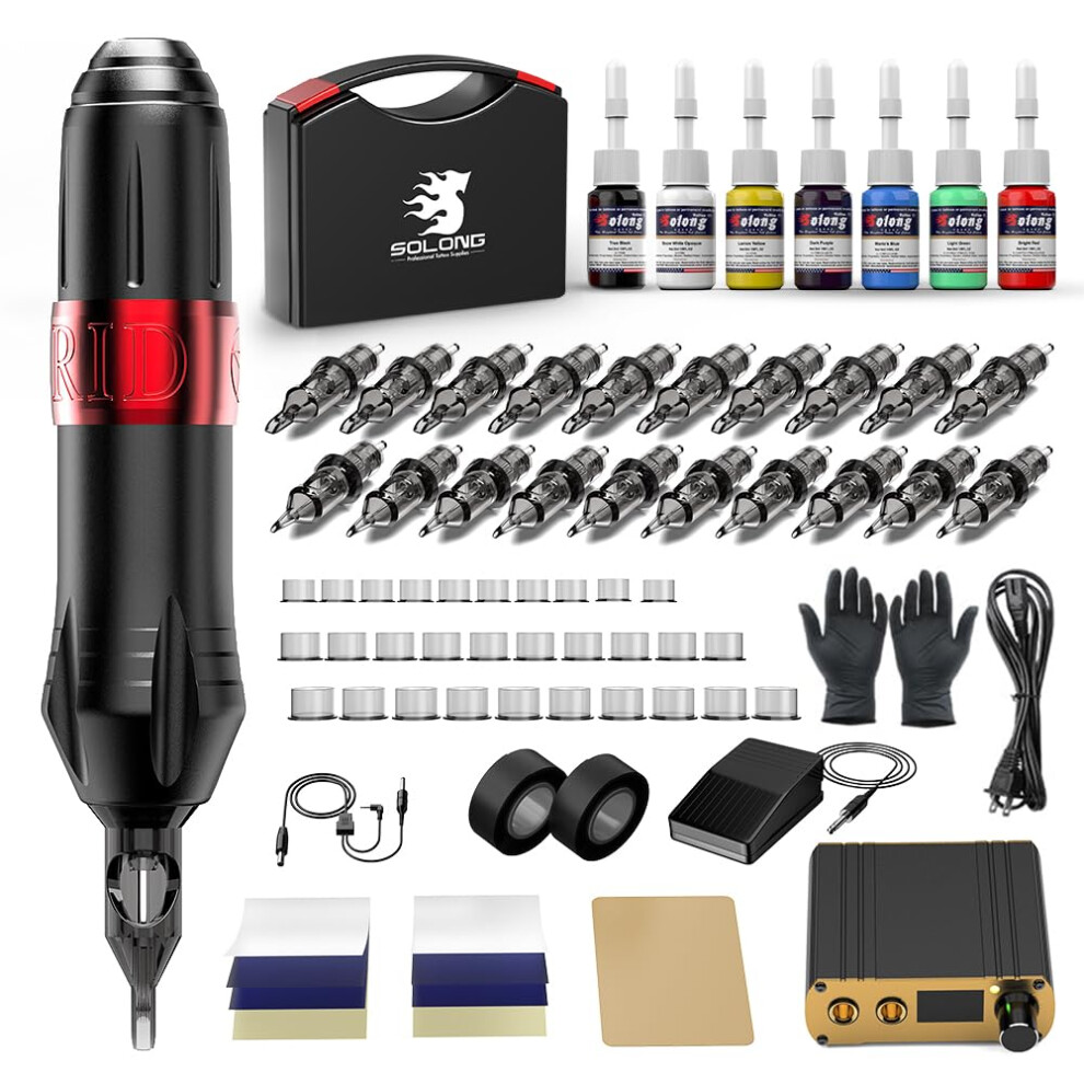 Solong Advanced Tattoo Kit Hybrid Rotary Pen, 20 Premium Needle Cartridges, 7-Color Ink Set, Advanced Power Supply, Precision Control Pedal - Elite
