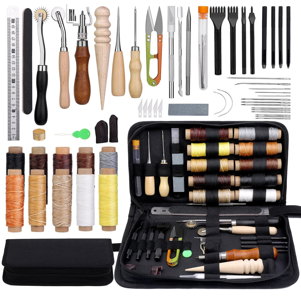 Leather Working Tools Leather Craft Tools and Supplies Leather Craft Kit with Waxed Thread Stitching Groover Awl for Cutting Punching, Leather Sewing