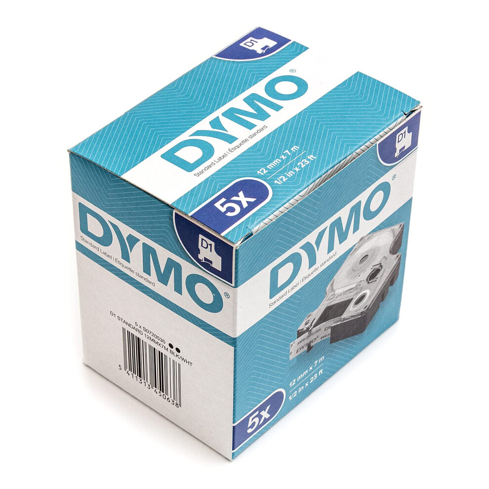 5 x Dymo D1 Standard Labelling Tape 45013 (S0720530) 12mm x 7m - Black on White