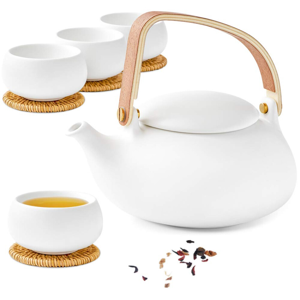 Modern Japanese Tea Set, 800ml Matte Ceramic Japanese Teapot with Infuser for Loose Leaf Tea Steeper, Wood Handle White Tea Pots with 4 Cups for Hot
