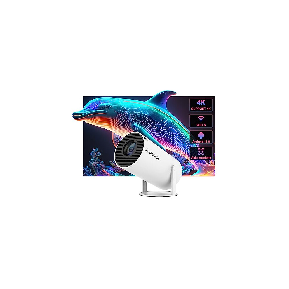 White Auto Keystone Correction Mini Portable Projector, 4K/200 ANSI Smart Projector with WiFi6, BT5.0, Screen Adjustment, 180 Degree Flip,