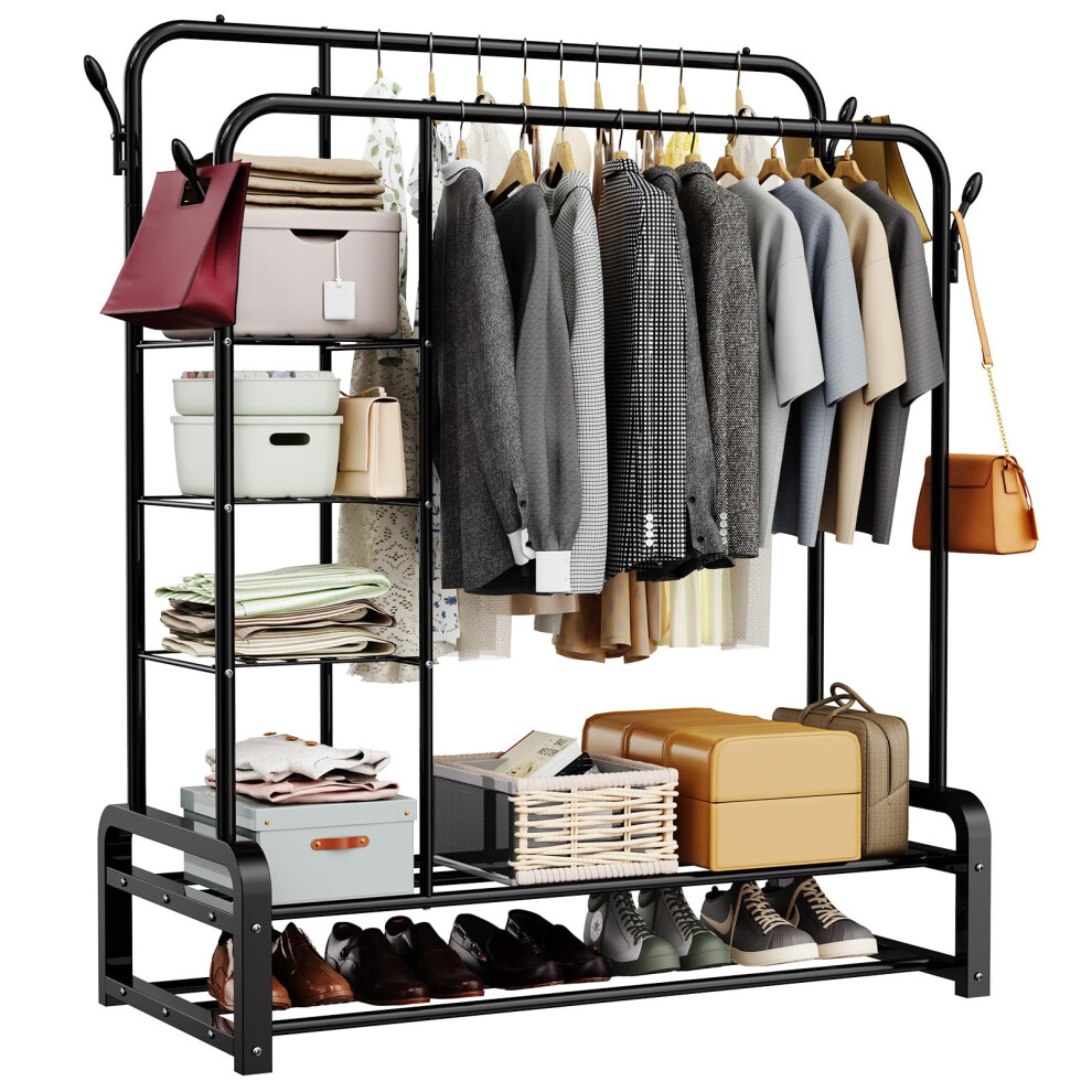 Clothes Rail with 4 Hooks and Storage Shelves, Heavy Duty Clothes Rack, Black Clothes Rails for Bedroom, Double Garment Rack for Clothes, Coats, Bags,