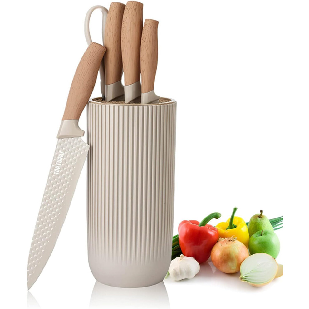 Kitchen Knife Set, 6-Pieces Khaki Sharp Knife Set for Kitchen, Non-stick Non-slip Stainless Steel Chef Knife Set with Universal Knife Block Suitable