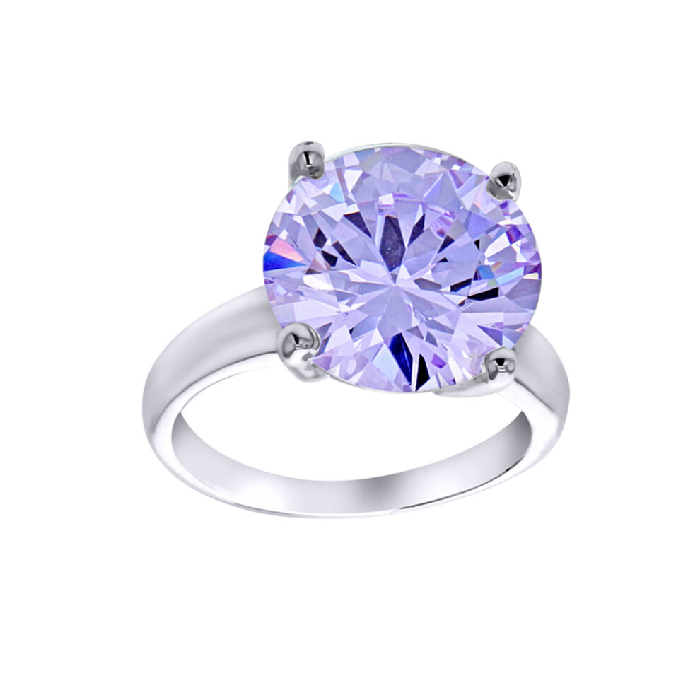 (P) Jewelco London Women's Sterling Silver Lilac Round Brilliant Cubic Zirconia 4 Claw Solitaire Cocktail Ring, 12mm - 8-84-6721