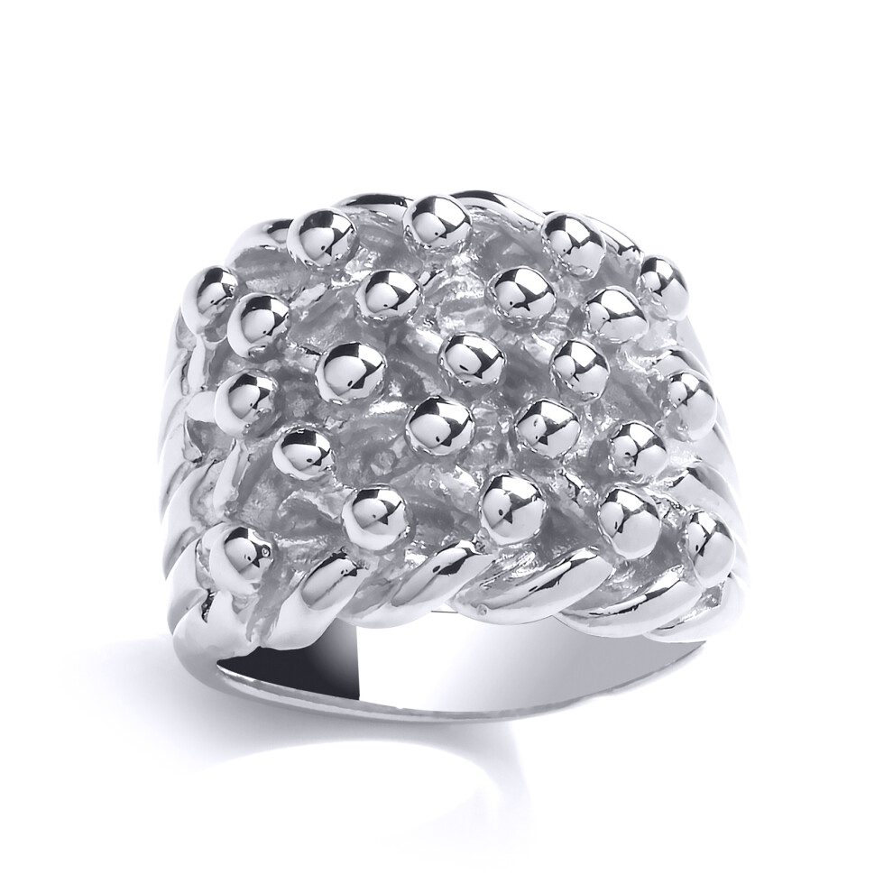 (T) Jewelco London Mens Rhodium Plated Sterling Silver # Rope Edge 5 Row Keeper Signet Ring