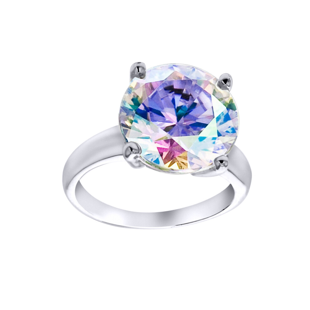 (L) Jewelco London Women's Sterling Silver Aurora Borealis Round Brilliant Cubic Zirconia 4 Claw Rainbow Solitaire Cocktail Ring, 12mm - 8-84-6001