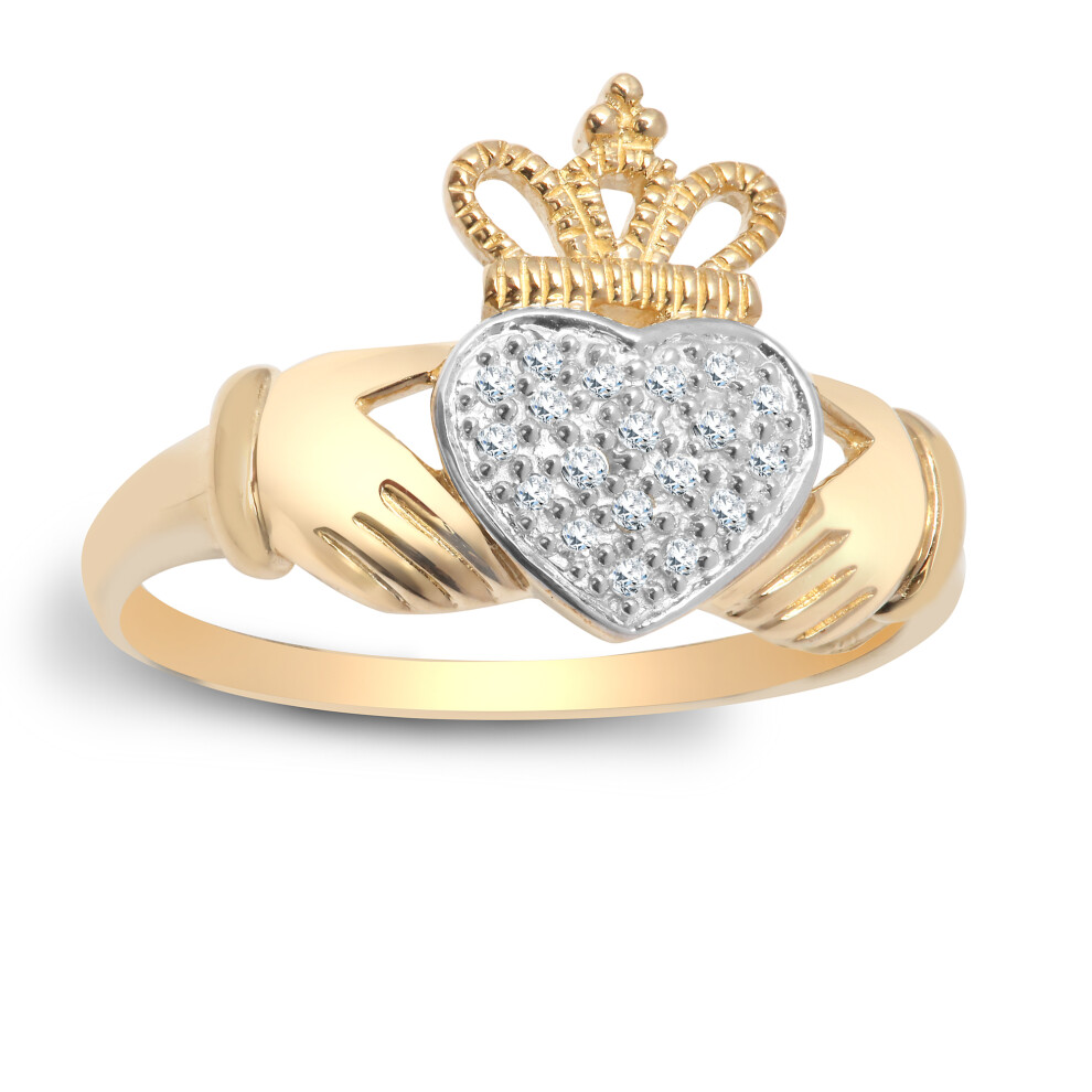 (N) Jewelco London Ladies 9ct Yellow Gold Pave Set Round H I2 0.1ct Diamond Claddagh fáinne Chladaigh Cocktail Ring 13mm