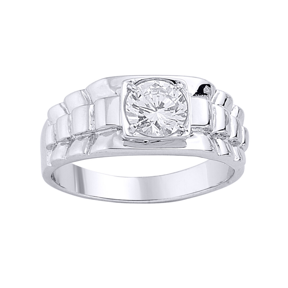 (U) Jewelco London Mens Rhodium Plated Sterling Silver Cubic Zirconia Watch Strap Solitaire Signet Ring