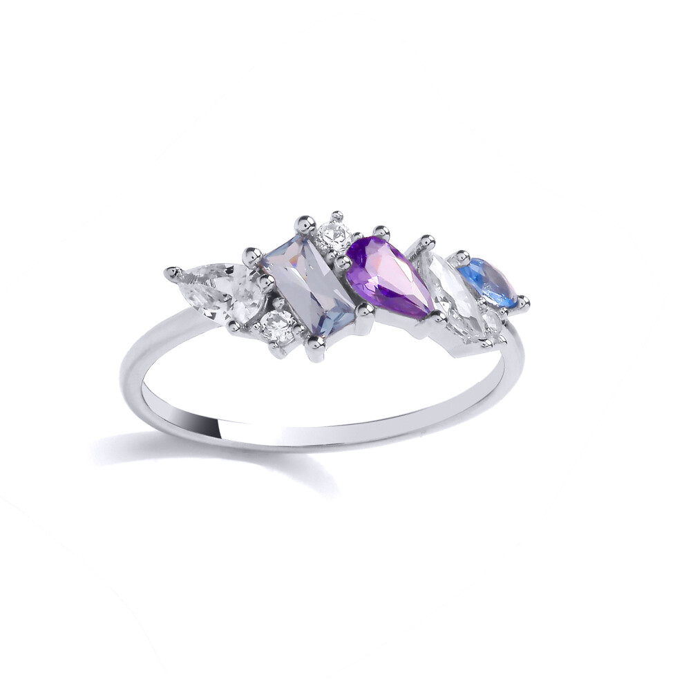 (L) Jewelco London Sterling Silver Blue Spinel, Mid Created Amethyst & White CZ Fancy Ring Cocktail Ring - GVR996