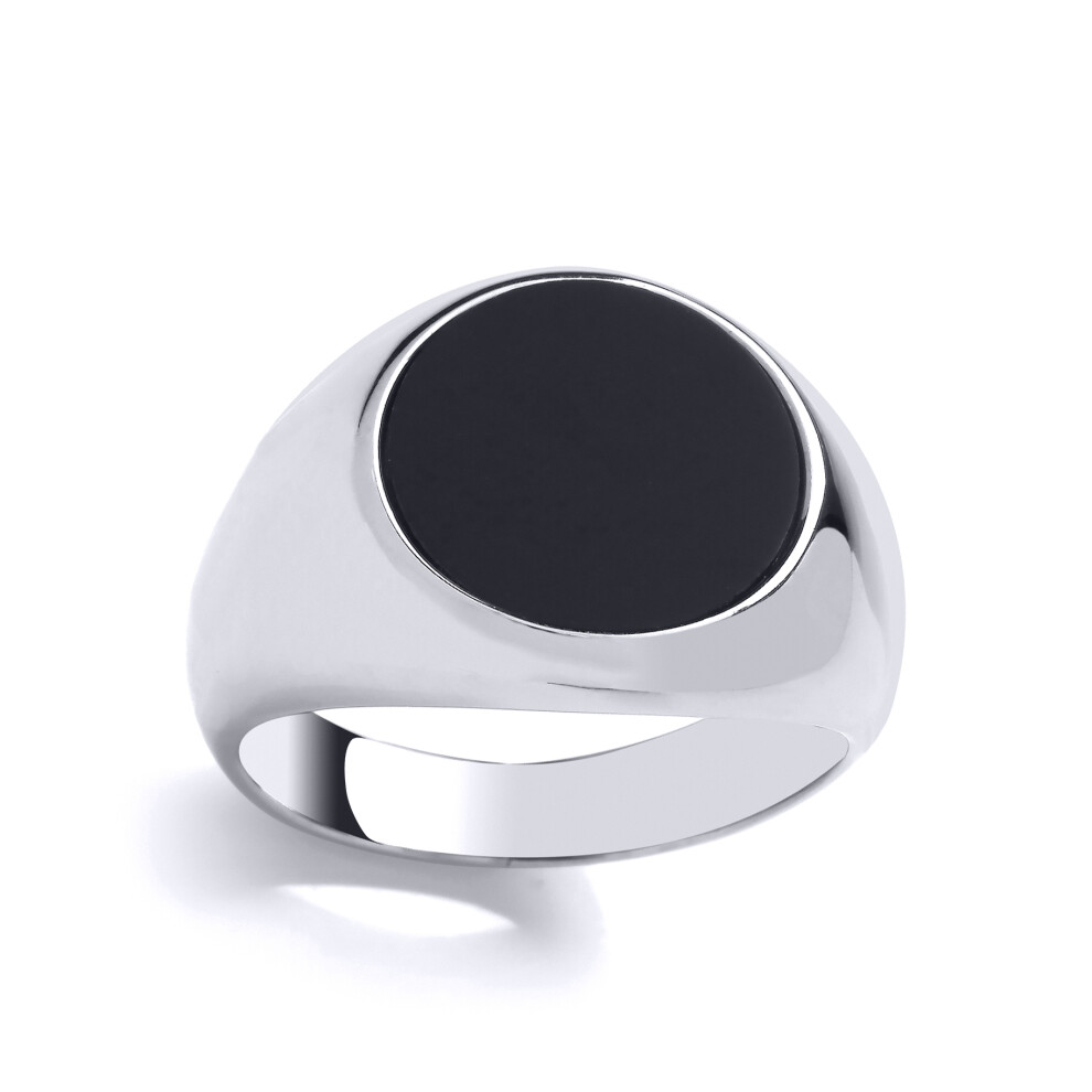 (S) Jewelco London Mens Sterling Silver Round Black Onyx Ring Signet Ring - GVR953