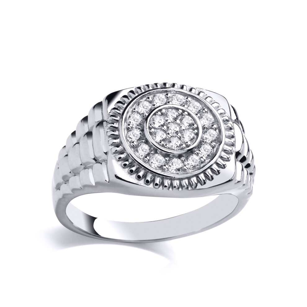 Jewelco London Mens Rhodium Plated Sterling Silver CZ Presidential Link Double Circle Halo Dial Watch Strap Signet Ring - GVR923