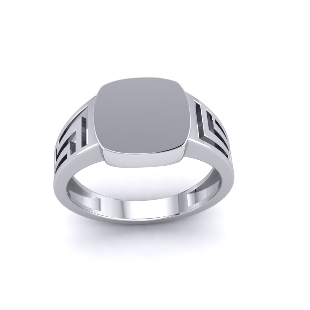 (W) Jewelco London Mens Platinum Plated Sterling Silver Greek Key Square Cushion Signet Ring - GVR951