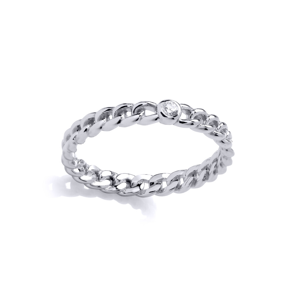 (M) Jewelco London Sterling Silver Single CZ Chain Link Fancy Ring Solitaire Ring - GVR913