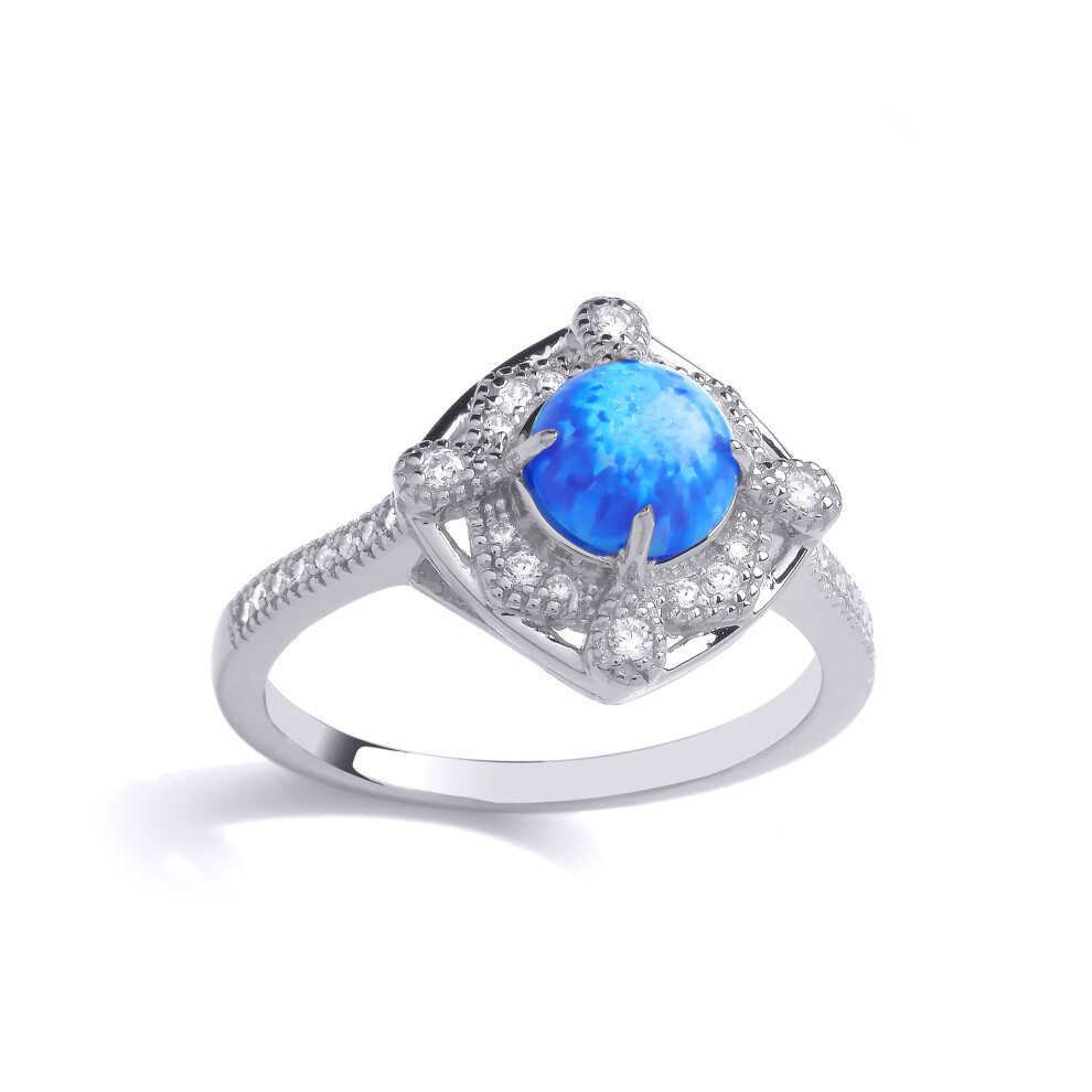 Jewelco London Ladies Rhodium Plated Sterling Silver Blue Opal CZ Luxury Mosaic Pool Pear Cushion Cocktail Ring - GVR881