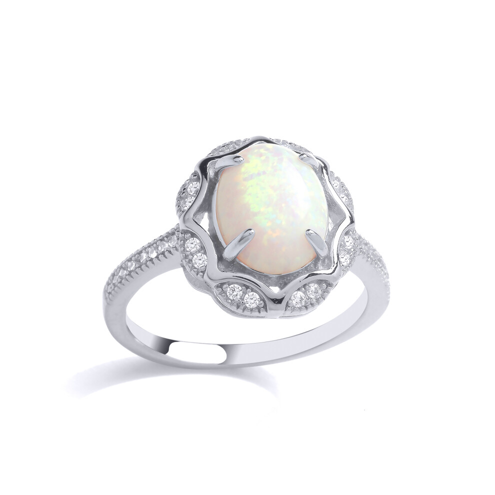 (Q) Jewelco London Sterling Silver CZ & Created Opal Fancy Ring Cocktail Ring - GVR883