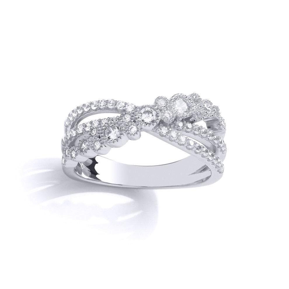 (P) Jewelco London Ladies Rhodium Plated Sterling Silver Cubic Zirconia Crossover Bubbly Eternity Ring