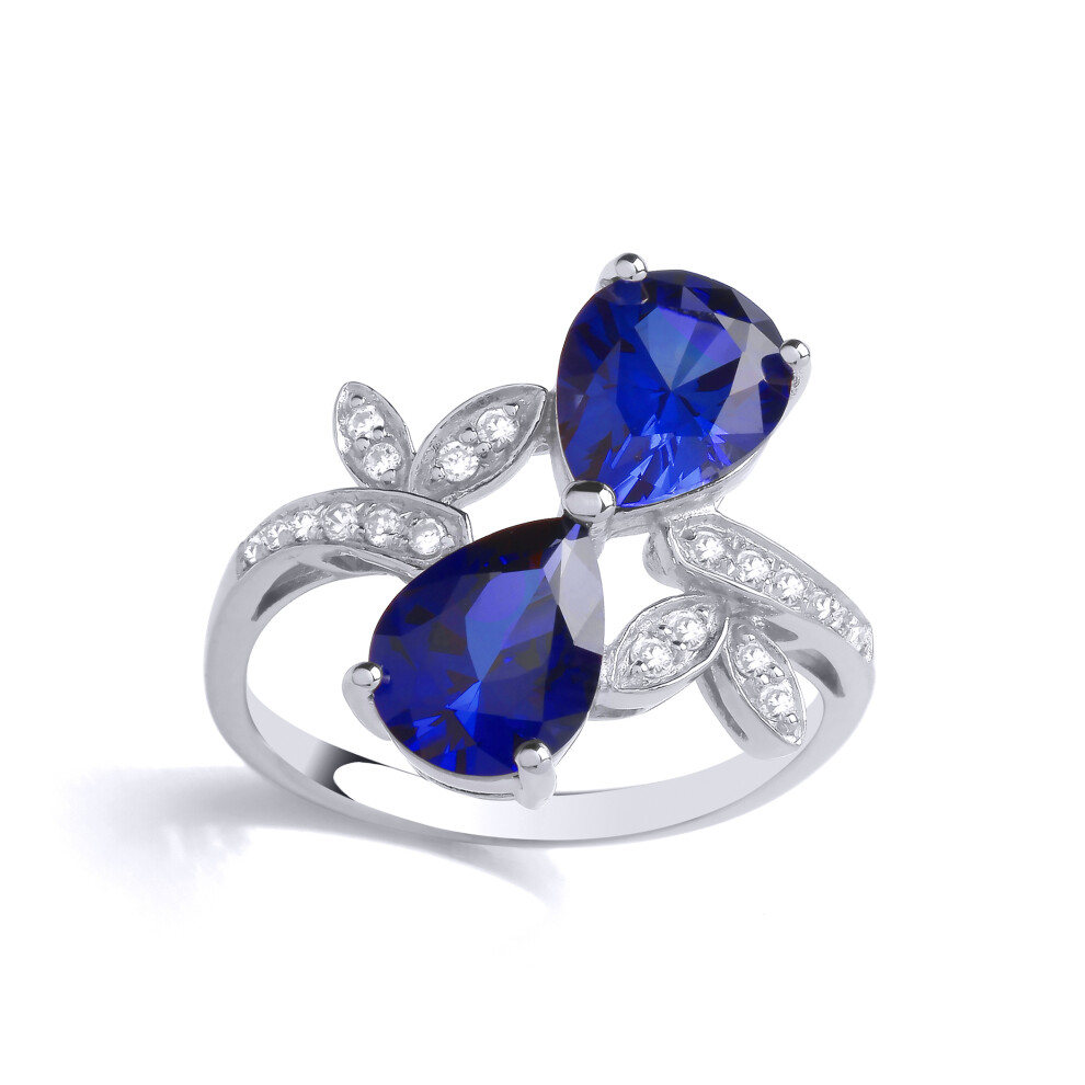 (K) Jewelco London Sterling Silver Sapphire-Blue CZ & Created Sapphire Double Teardrop Ring With Leaf Detail Cocktail Ring - GVR890