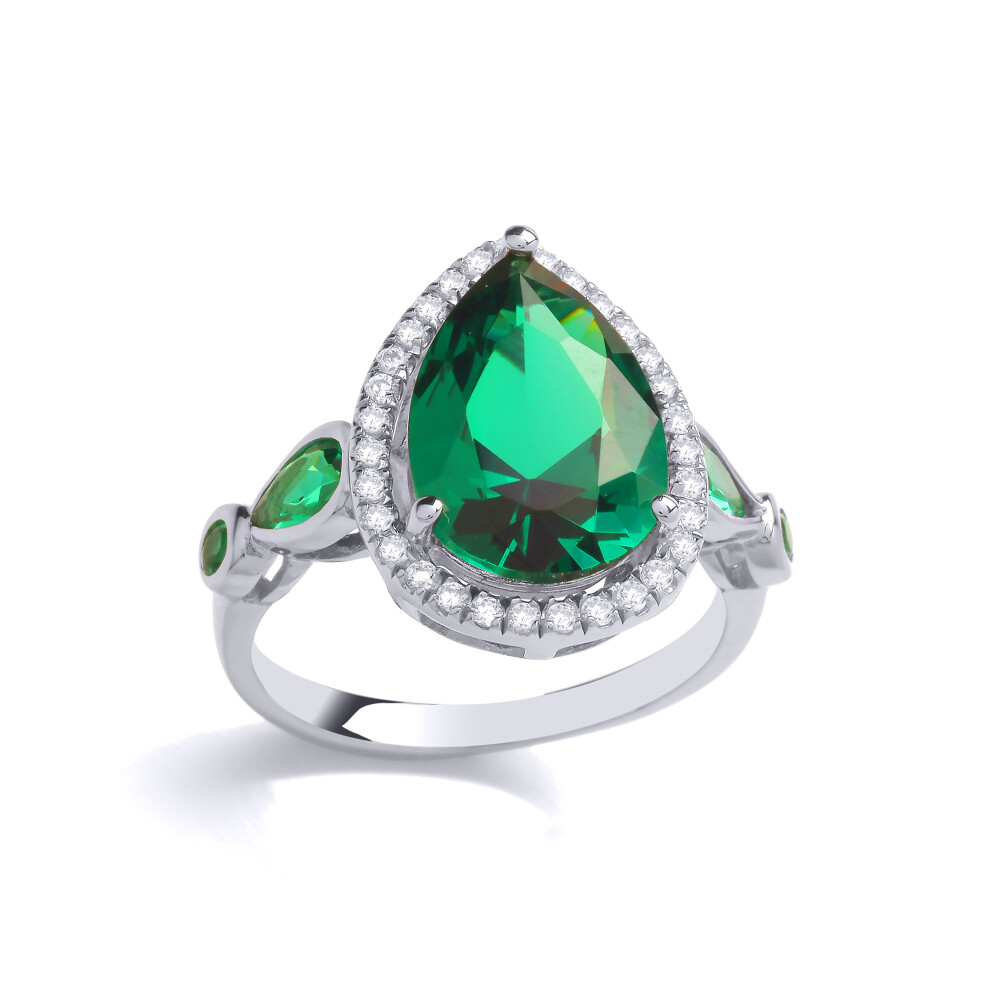 (R) Jewelco London Sterling Silver CZ & Created Emerald Pear Drop Ring Cocktail Ring - GVR889