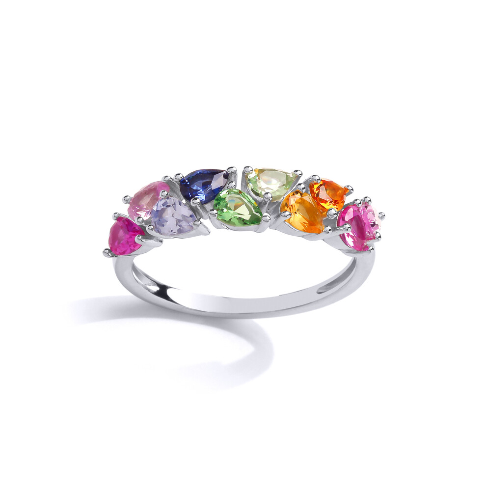 (O) Jewelco London Ladies Rhodium Plated Sterling Silver Multi Colour Pear Cubic Zirconia Rainbow Half Eternity Ring