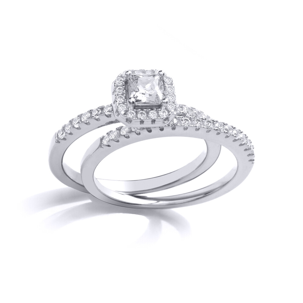 (R) Jewelco London Ladies Rhodium Sterling Silver Princess Cut Cubic Zirconia Solitaire Halo Eternity Bridal Rings Set