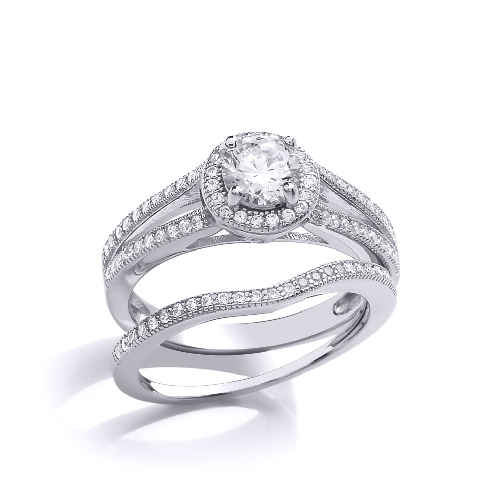 (P) Jewelco London Ladies Rhodium Sterling Silver Cubic Zirconia Solitaire Eternity Curve Shaped Fit Bridal Rings Set