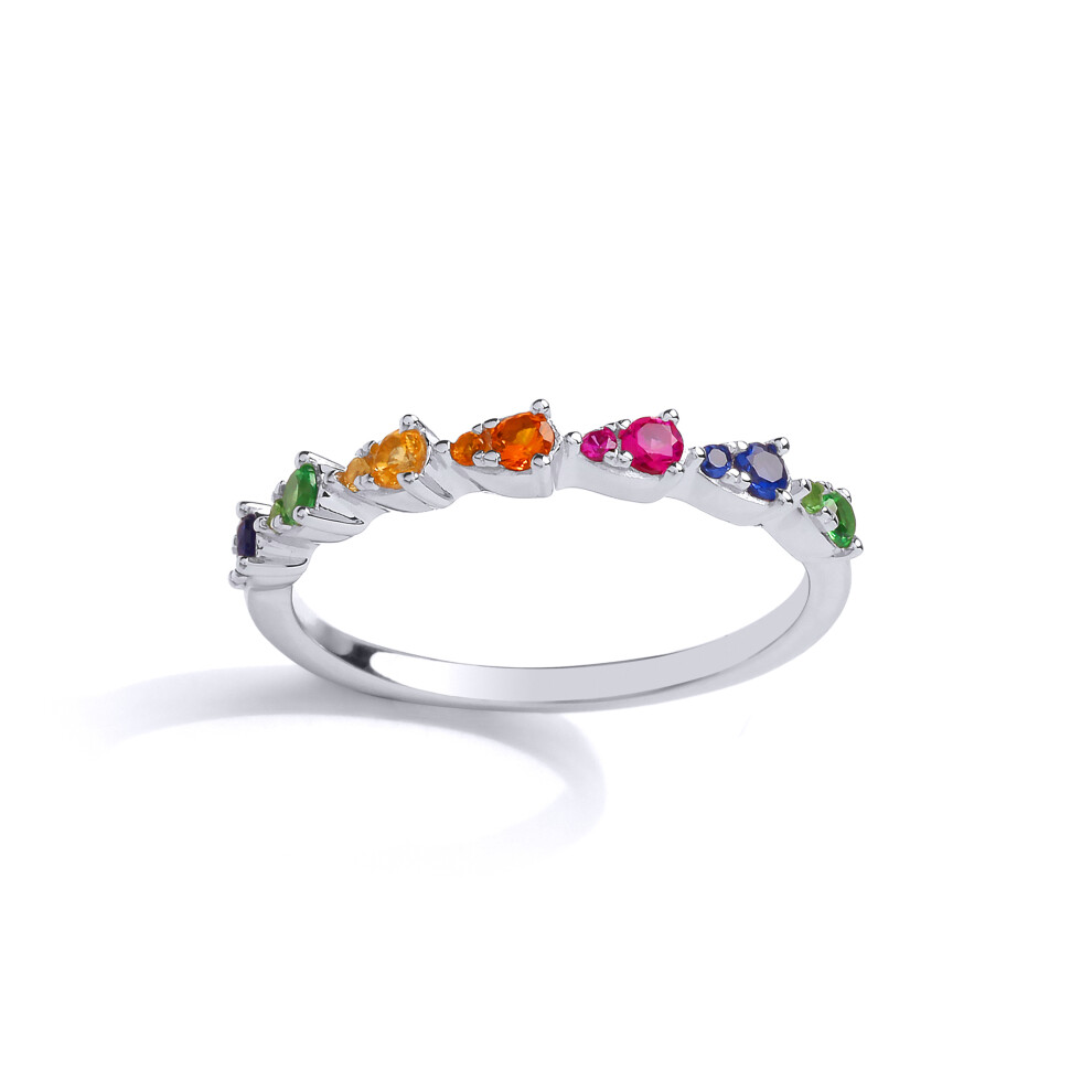 (N) Jewelco London Ladies Rhodium Plated Sterling Silver Multi Colour Cubic Zirconia Rainbow Lil n Large Half Eternity Ring