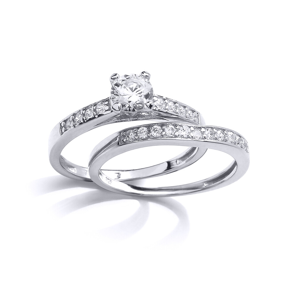 (R) Jewelco London Ladies Rhodium Plated Sterling Silver Cubic Zirconia Solitaire Eternity Bridal Rings Set