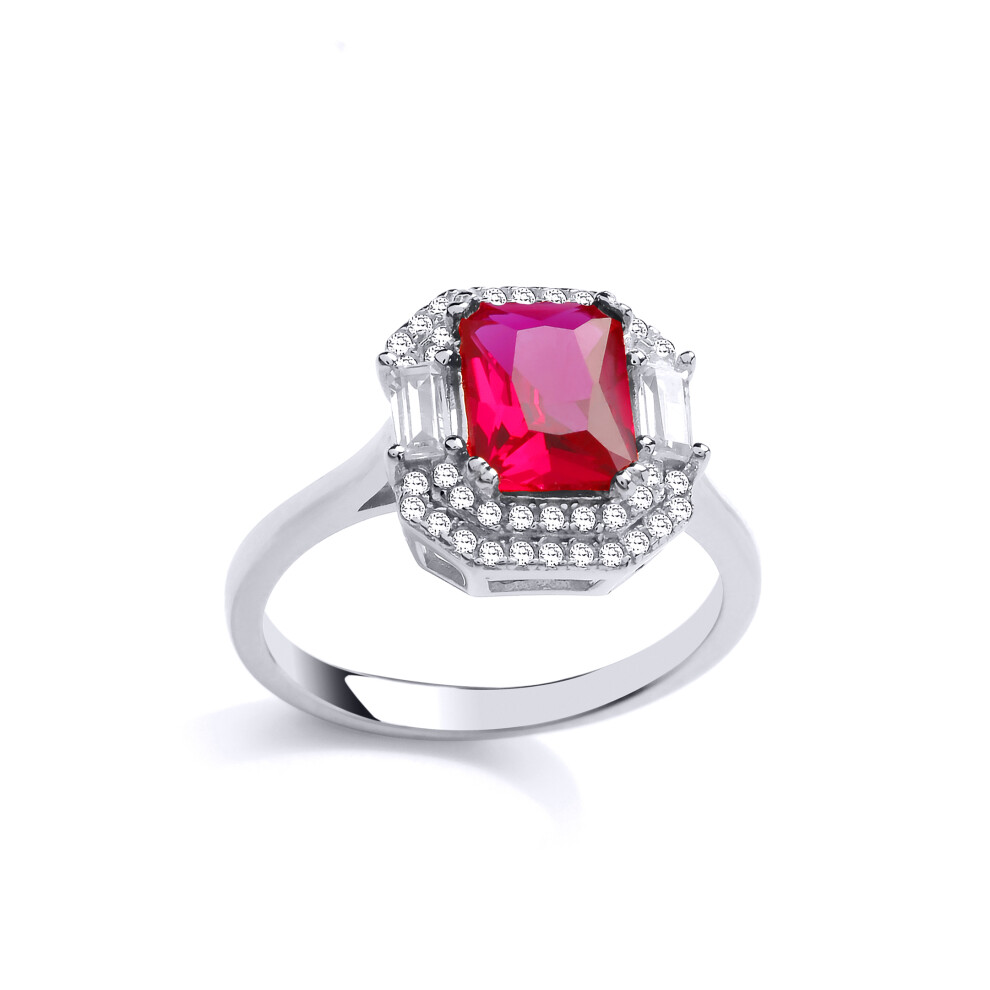 (L) Jewelco London Ladies Rhodium Sterling Silver Red Emerald cut Cubic Zirconia Octagon Amphitheatre Engagement Ring