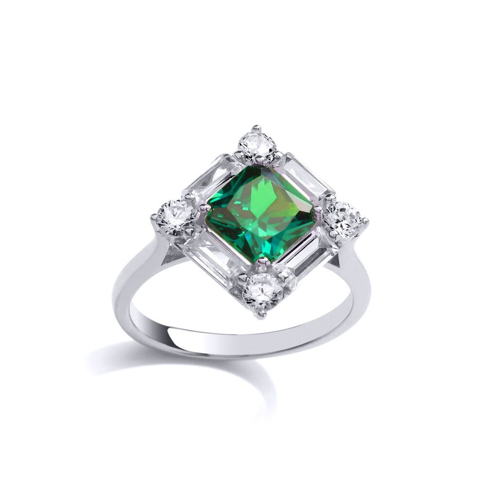 (L) Jewelco London Ladies Sterling Silver Emerald-Green Princess Cut Cubic Zirconia Square Frame Dress Ring - GVR835