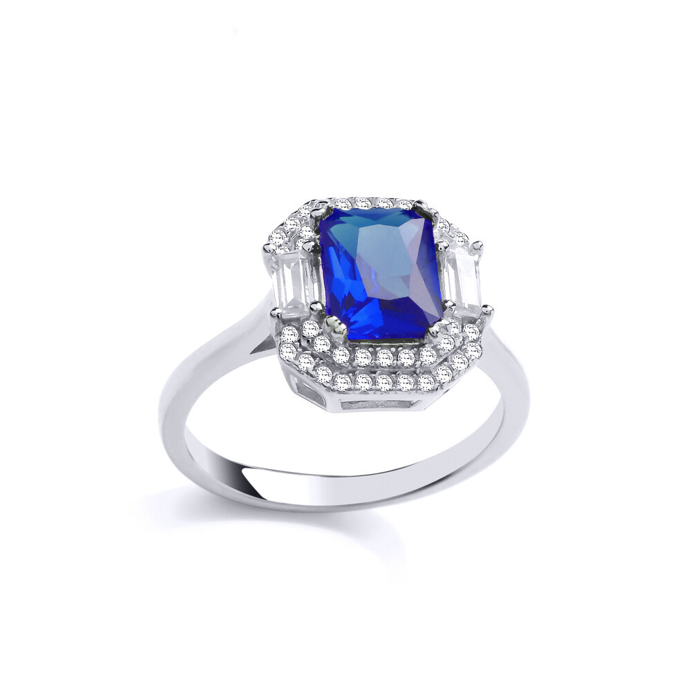 (L) Jewelco London Ladies Rhodium Plated Sterling Silver Sapphire-Blue Octagon 3 Tier Cluster Cocktail Ring - GVR839SAP