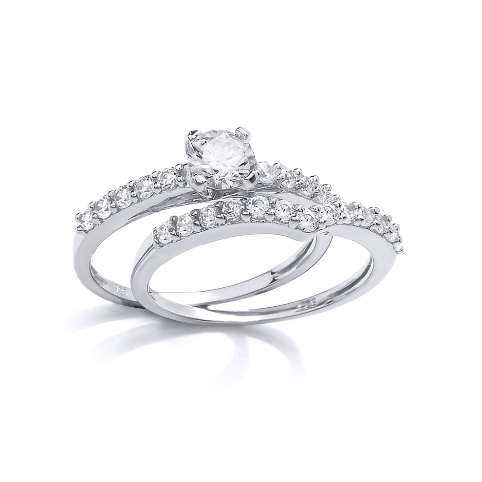 (M) Jewelco London Ladies Rhodium Plated Sterling Silver Cubic Zirconia Solitaire Wishbone Eternity Bridal Rings Set