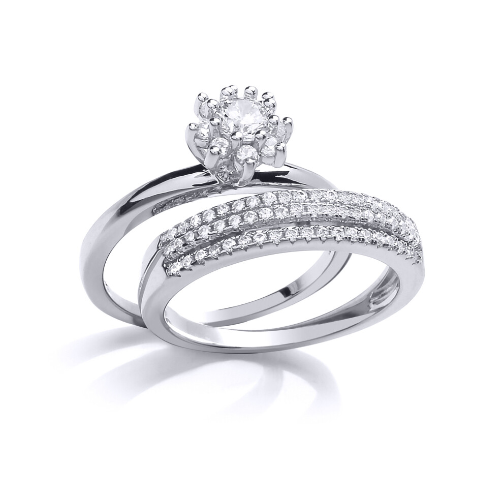 (Q) Jewelco London Ladies Rhodium Plated Sterling Silver Cubic Zirconia Classic Cluster Tiered Eternity Bridal Rings Set